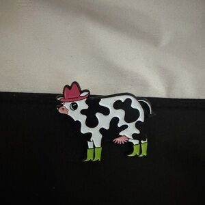 Cow Enamel Pin with Pink Hat and Green Boots Hat Pin